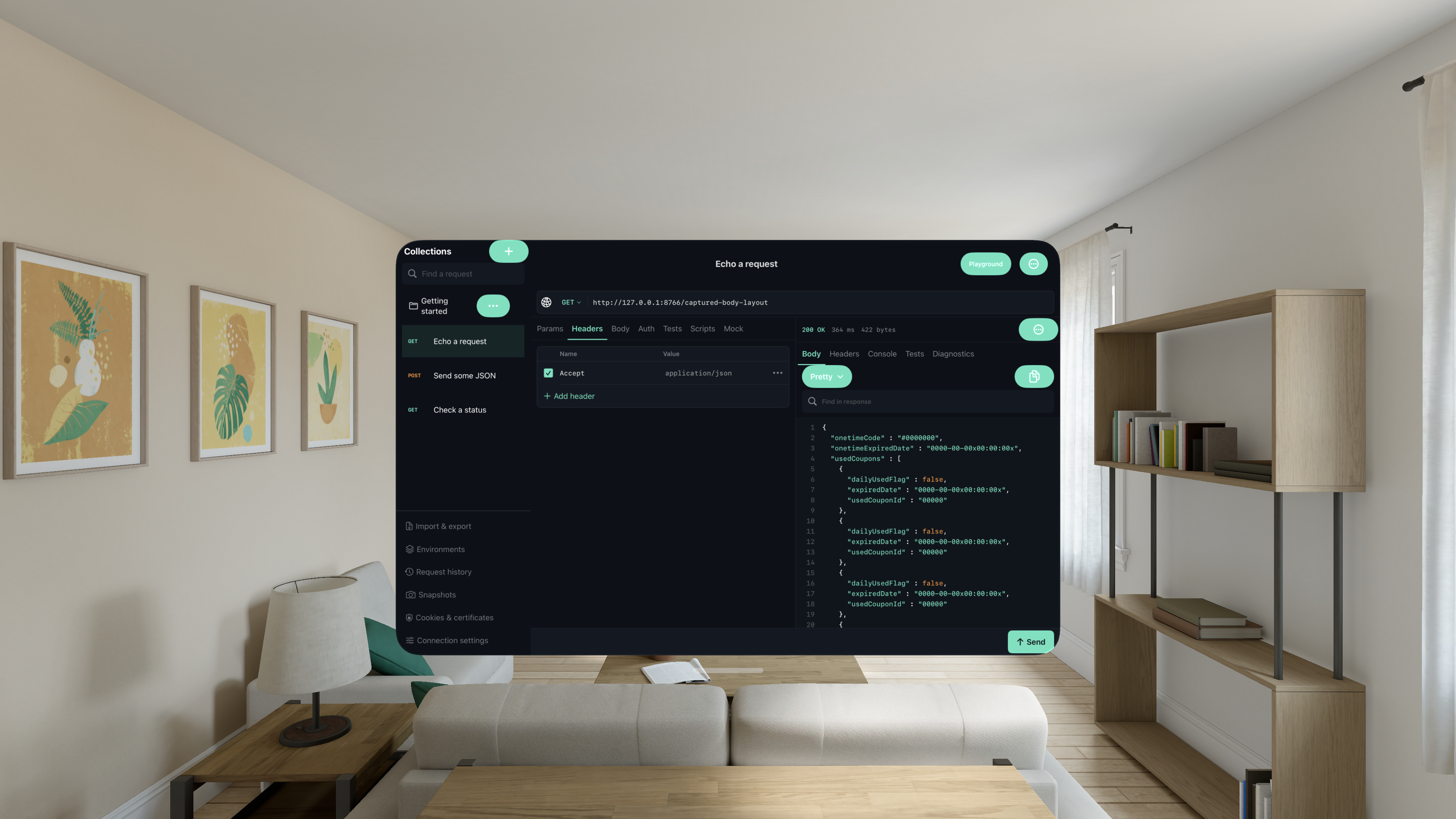 Monkeytail native Apple Vision Pro workspace with request headers and a formatted JSON response
