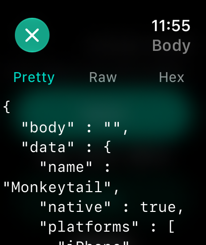Monkeytail Apple Watch companion showing a compact JSON response with Pretty, Raw, and Hex options