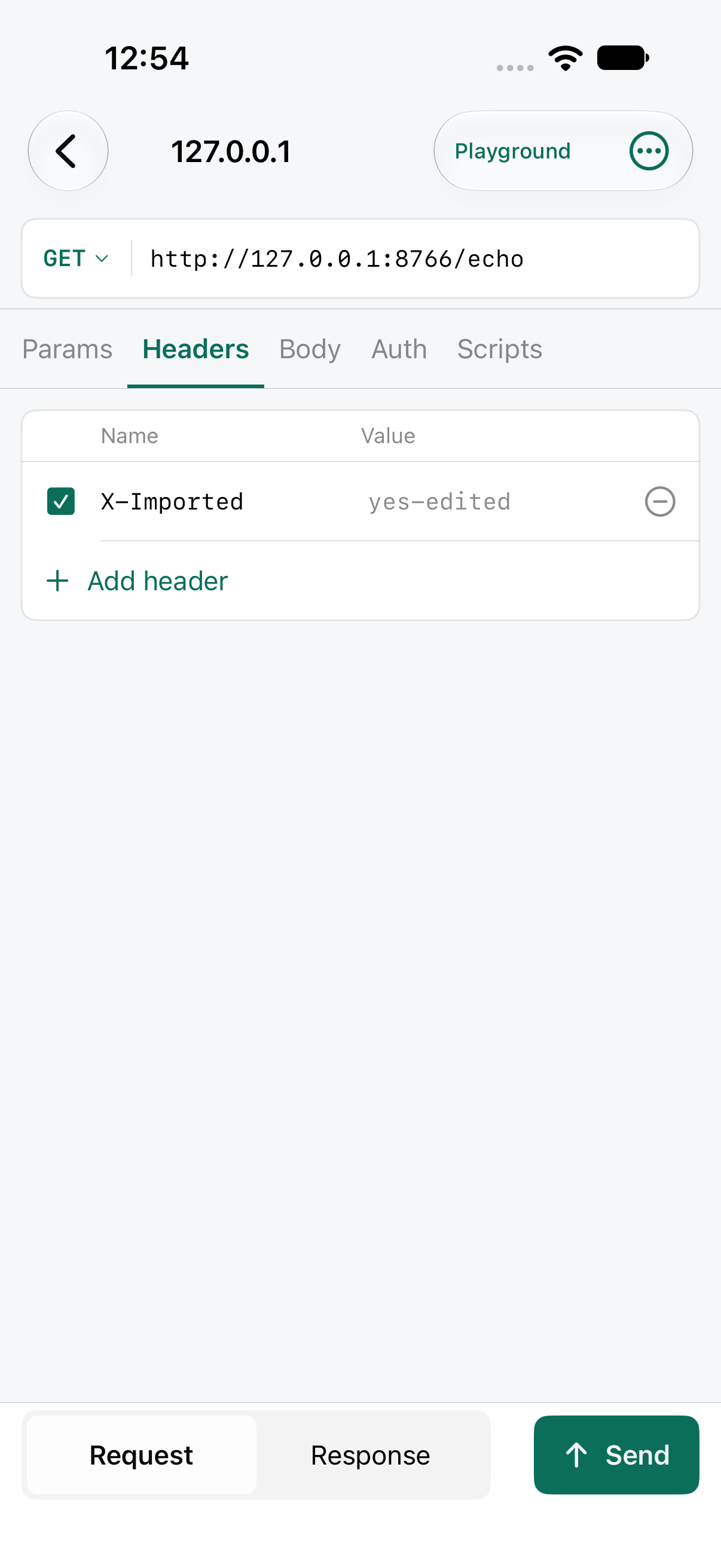 Monkeytail request editor on iPhone showing URL and editable header fields