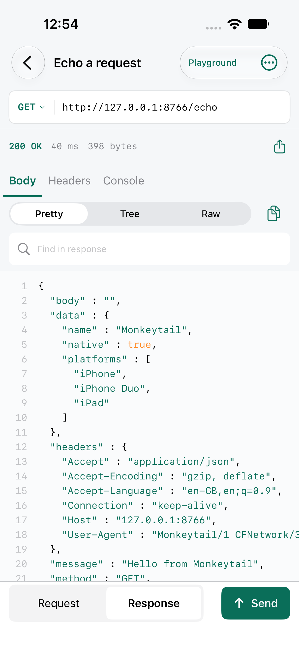 Monkeytail response viewer on iPhone showing formatted JSON